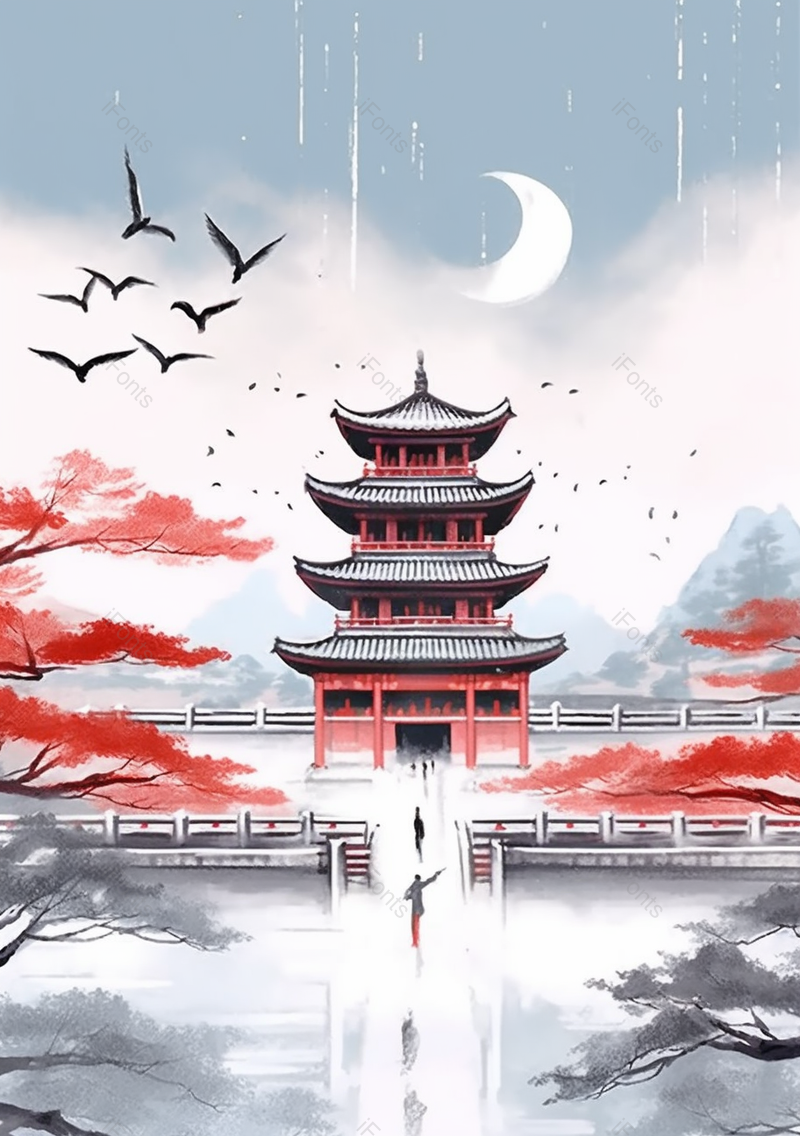 大寒寒冷下雪天城楼古代建筑飞鸟红色古典传统风景水墨插画,插画/手绘图,插画/手绘图库,插画/手绘图下载,插画/手绘
